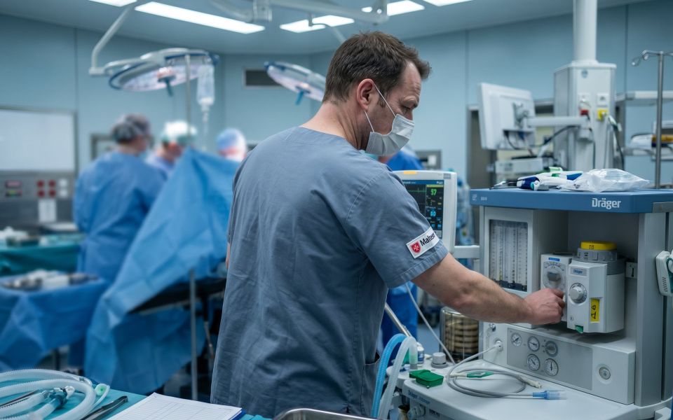 Chirurg mit Mundschutz bedient medizinisches Gerät im Operationssaal, während Kollegen im Hintergrund arbeiten
