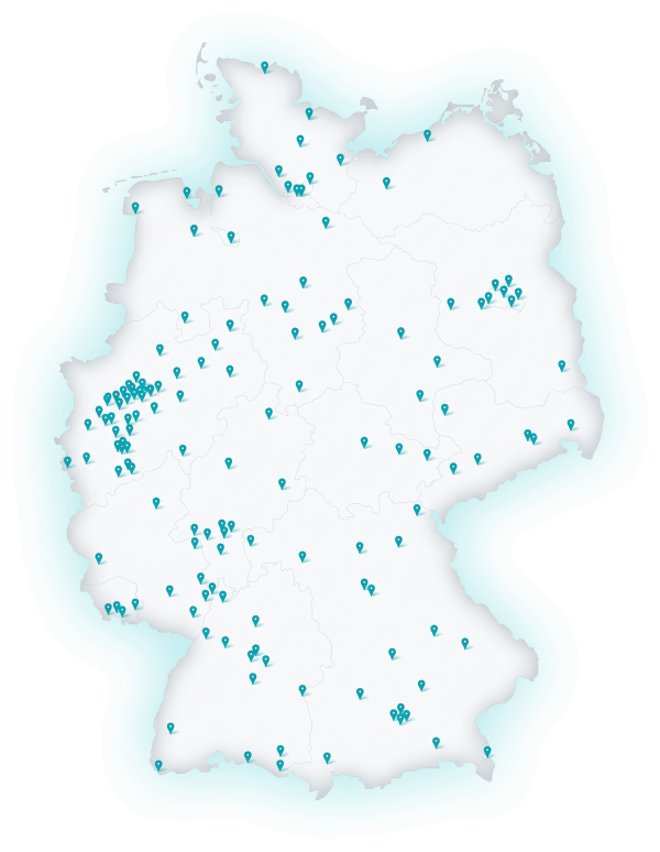 Karte von Deutschland mit türkisen Standortmarkern, die über das gesamte Bundesgebiet verteilt sind